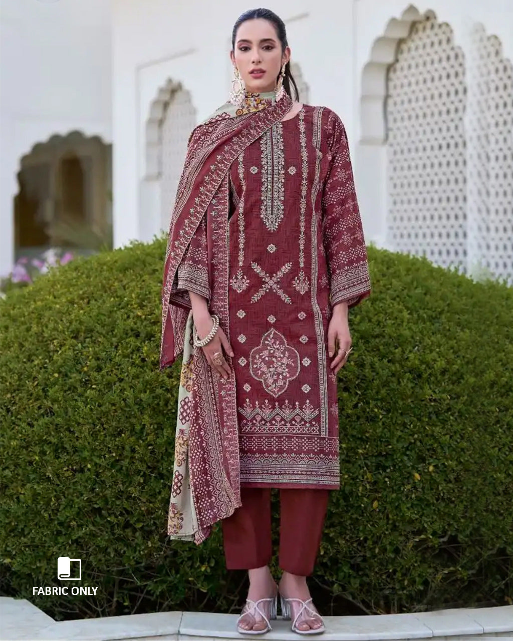 Kuwazome Red Cotton with Heavy Embroidery & Mal Mal Dupatta Unstitched Dress Material