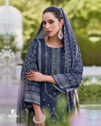 Diplomatic Blue Cotton with Heavy Embroidery & Mal Mal Dupatta Unstitched Dress Material
