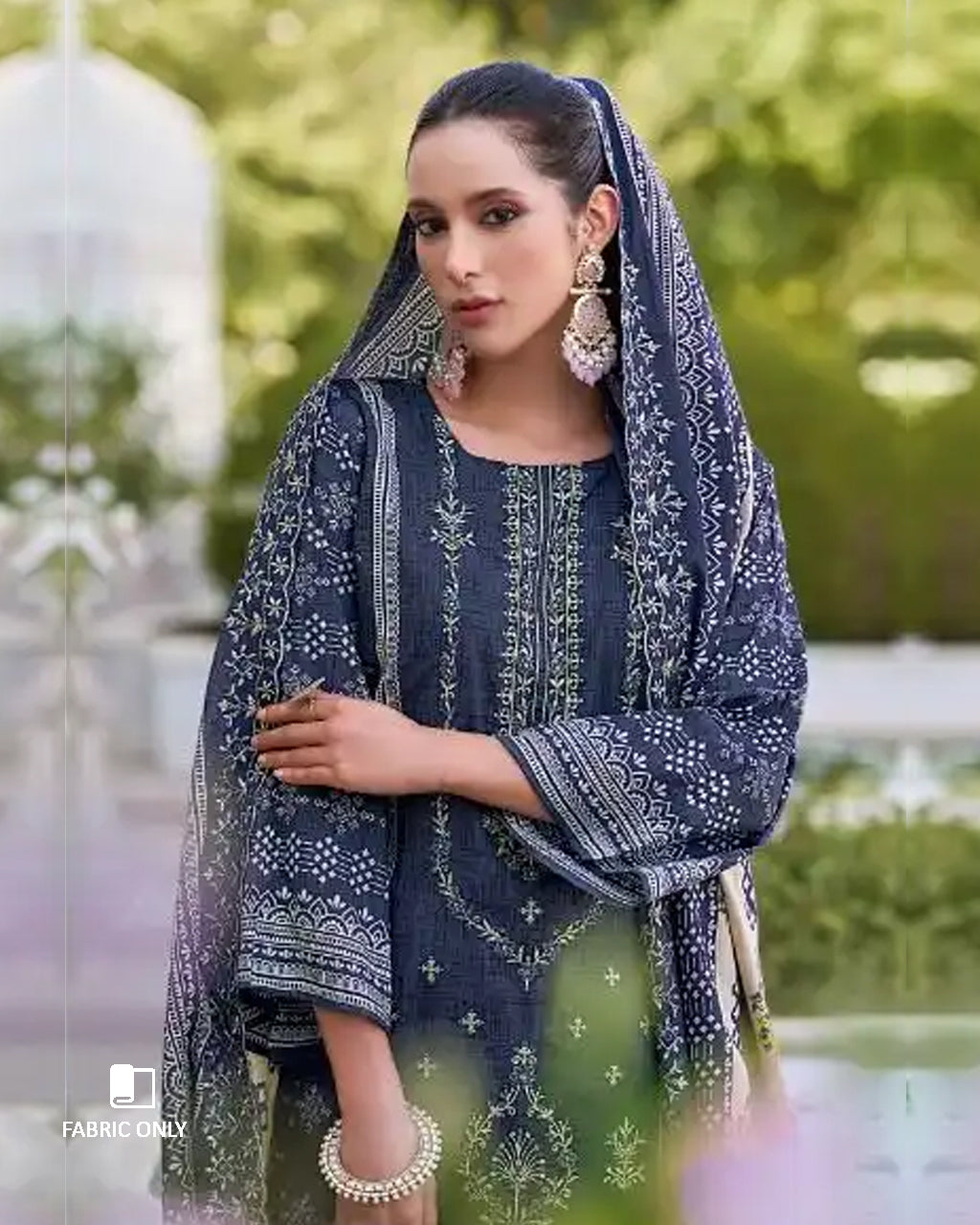 Diplomatic Blue Cotton with Heavy Embroidery & Mal Mal Dupatta Unstitched Dress Material