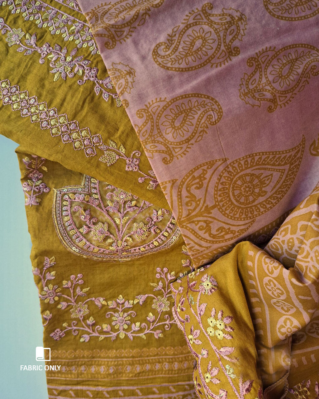 Pumpkin Skin Yellow Cotton with Heavy Embroidery & Mal Mal Dupatta Unstitched Dress Material