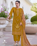 Pumpkin Skin Yellow Cotton with Heavy Embroidery & Mal Mal Dupatta Unstitched Dress Material