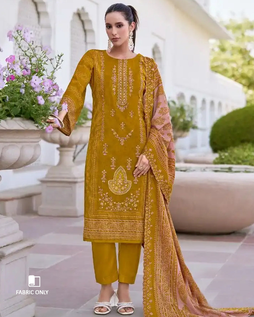 Pumpkin Skin Yellow Cotton with Heavy Embroidery & Mal Mal Dupatta Unstitched Dress Material