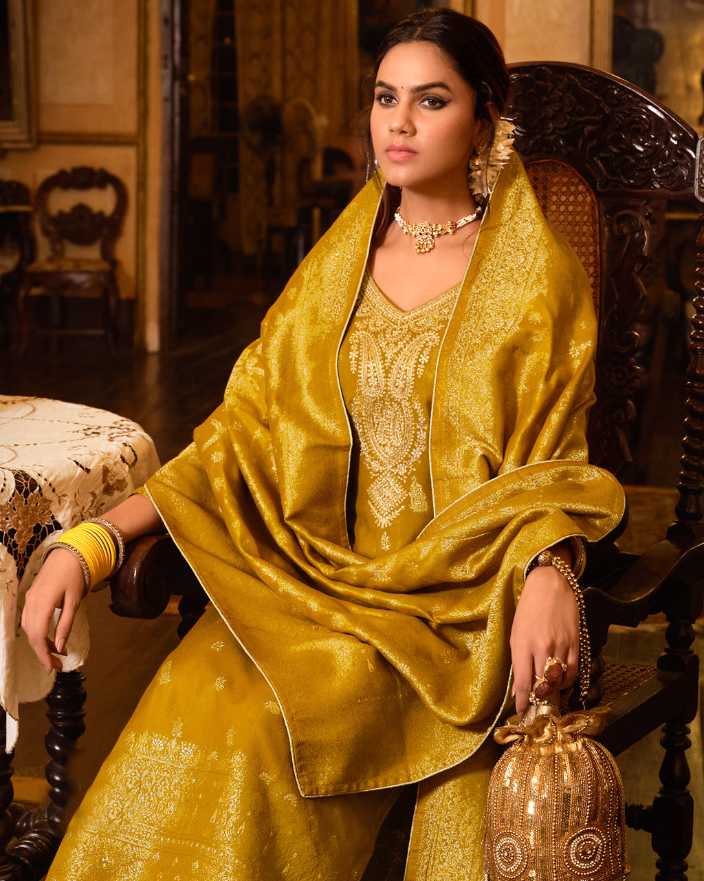 Harvest Eve Gold Viscose Pashmina Jacquard Heavy Embroidery Regal Splendor