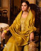 Harvest Eve Gold Viscose Woolen Pashmina With Heavy Embroidery Work Unstitched Dress Material