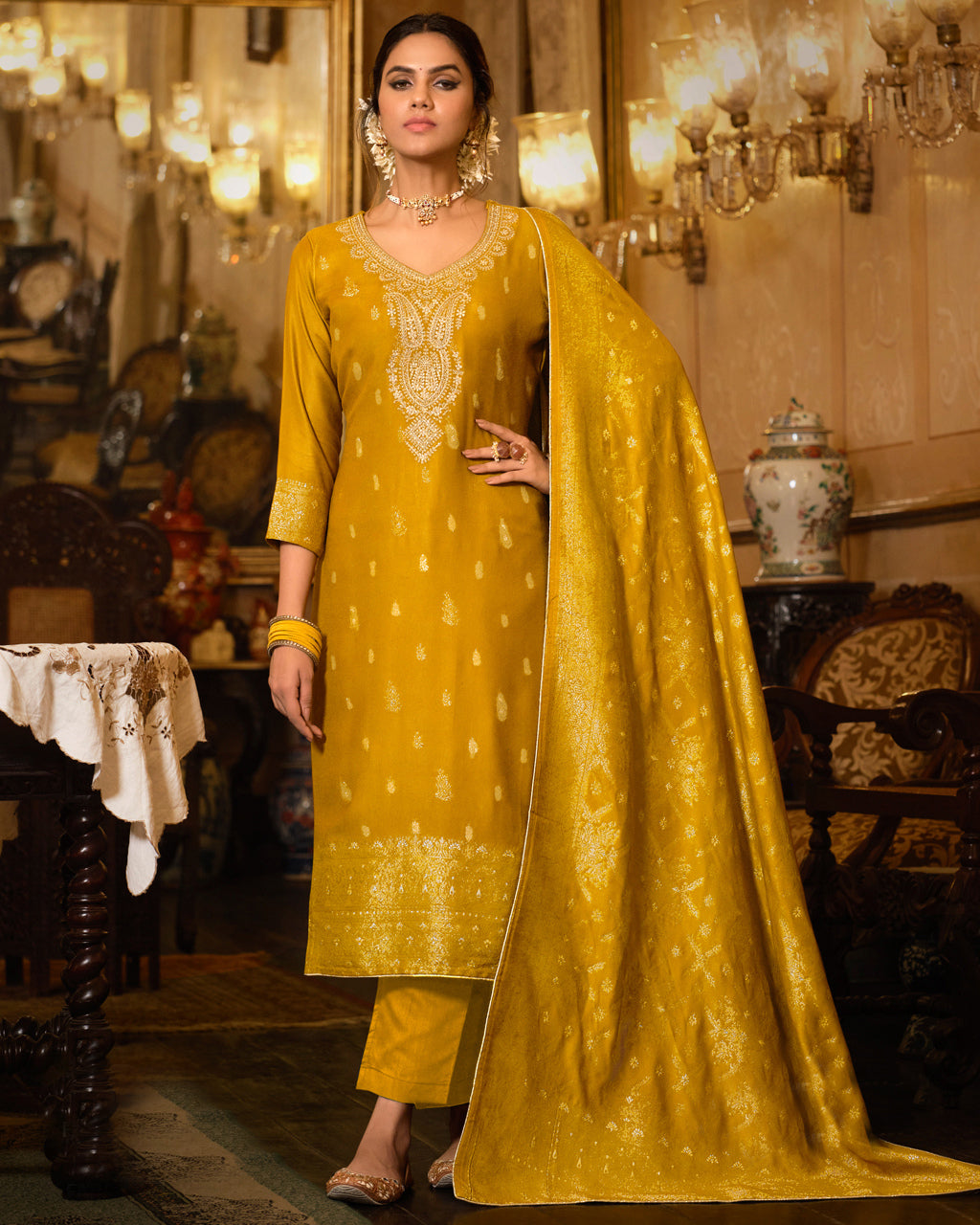 Harvest Eve Gold Viscose Pashmina Jacquard Heavy Embroidery Regal Splendor
