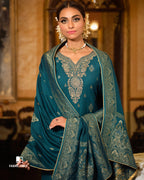 The Broadway Blue Viscose Woolen Pashmina With Heavy Embroidery Work Unstitched Dress Material