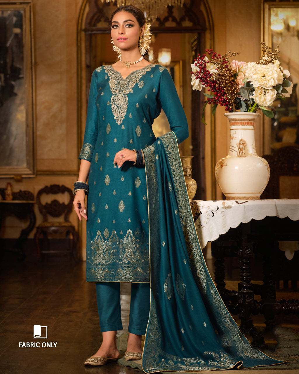 The Broadway Blue Viscose Woolen Pashmina With Heavy Embroidery Work Unstitched Dress Material