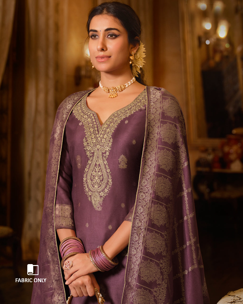 Mahogany Cherry Viscose Woolen Pashmina With Heavy Embroidery Work Unstitched Dress Material