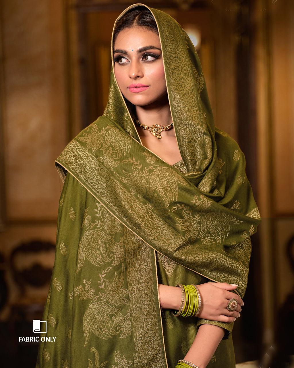 Worn Olive Green Viscose Woolen Pashmina With Heavy Embroidery Work Unstitched Dress Material