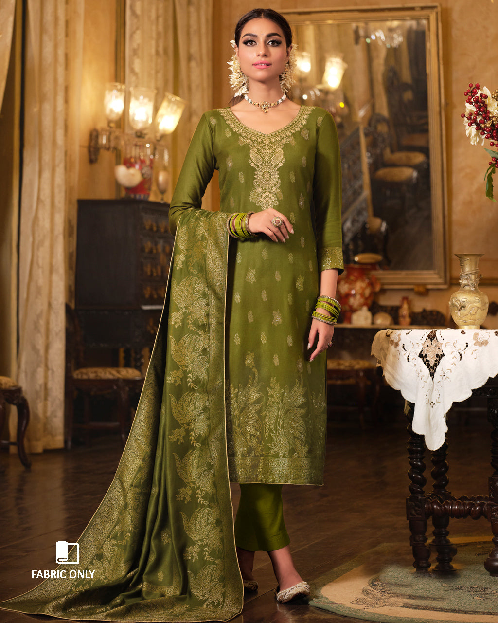 Worn Olive Green Viscose Woolen Pashmina With Heavy Embroidery Work Unstitched Dress Material