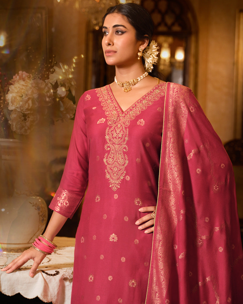 Mandy Pink Viscose Woolen Pashmina with Heavy Embroidery Aura
