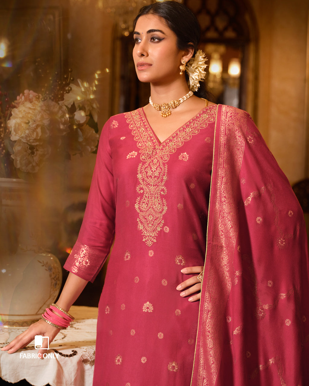 Mandy Pink Viscose Woolen Pashmina With Heavy Embroidery Work Unstitched Dress Material