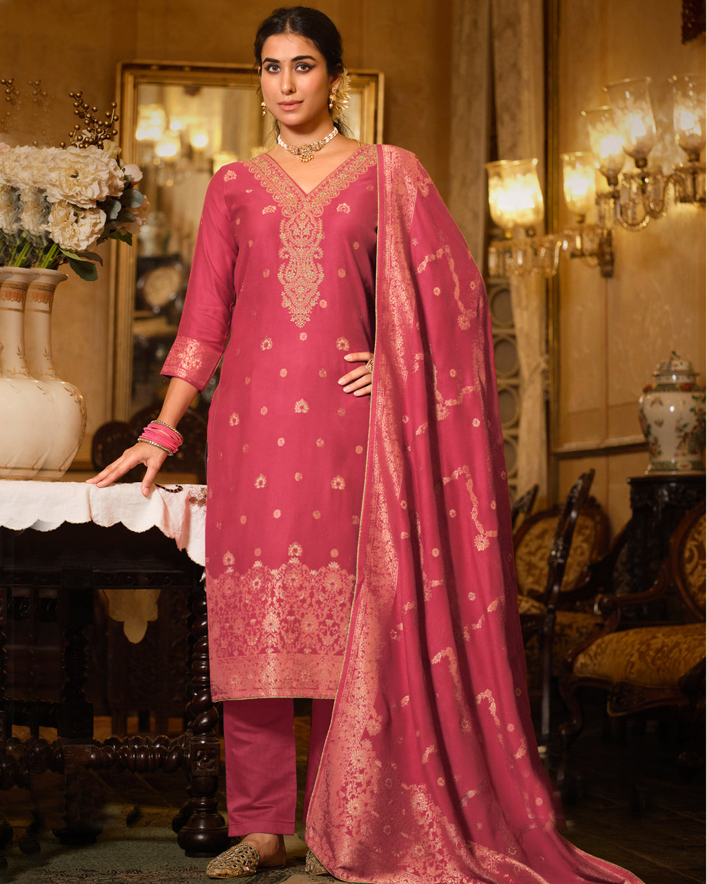 Mandy Pink Viscose Woolen Pashmina With Heavy Embroidery Work Sophisticated Opulence