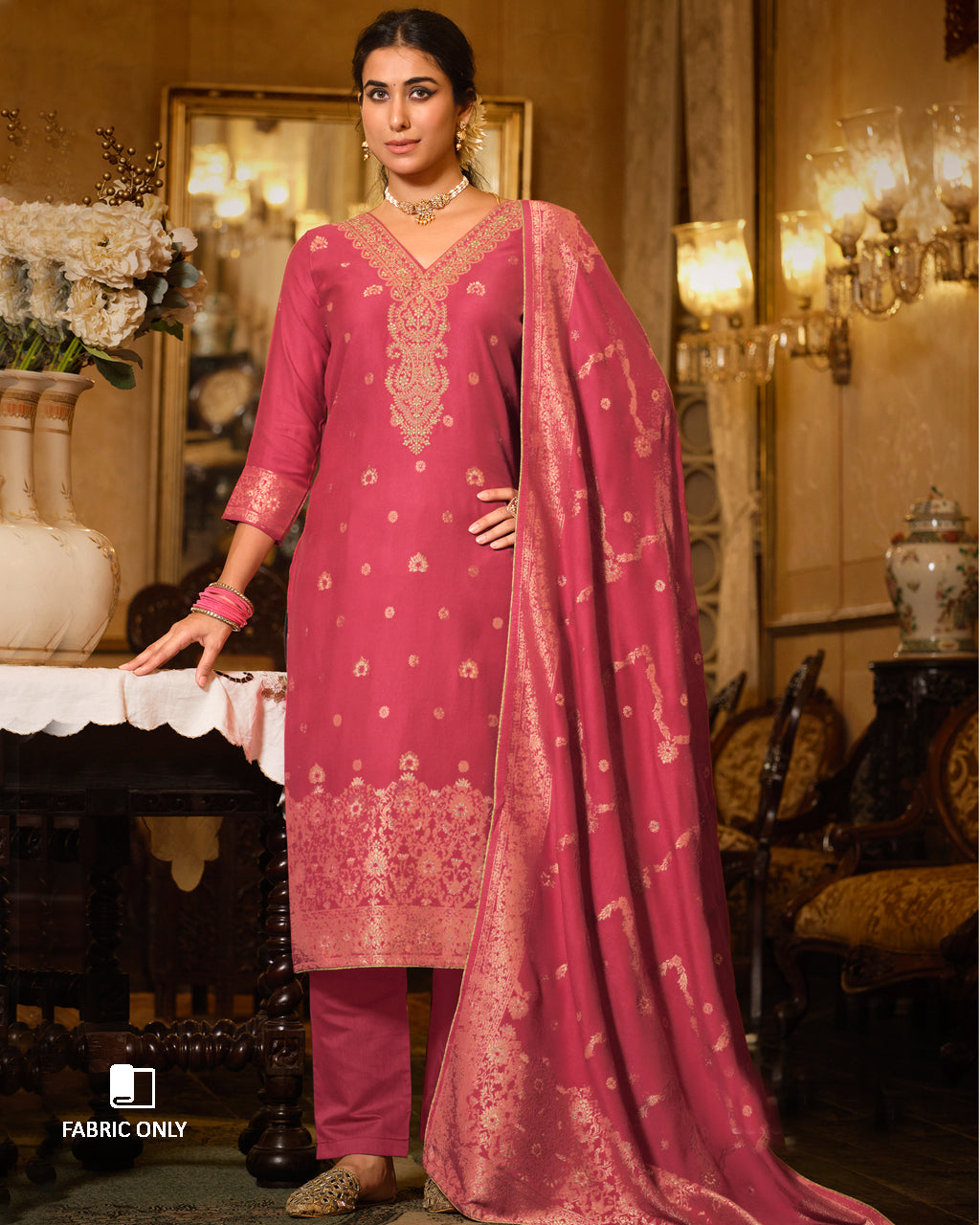 Mandy Pink Viscose Woolen Pashmina With Heavy Embroidery Work Unstitched Dress Material