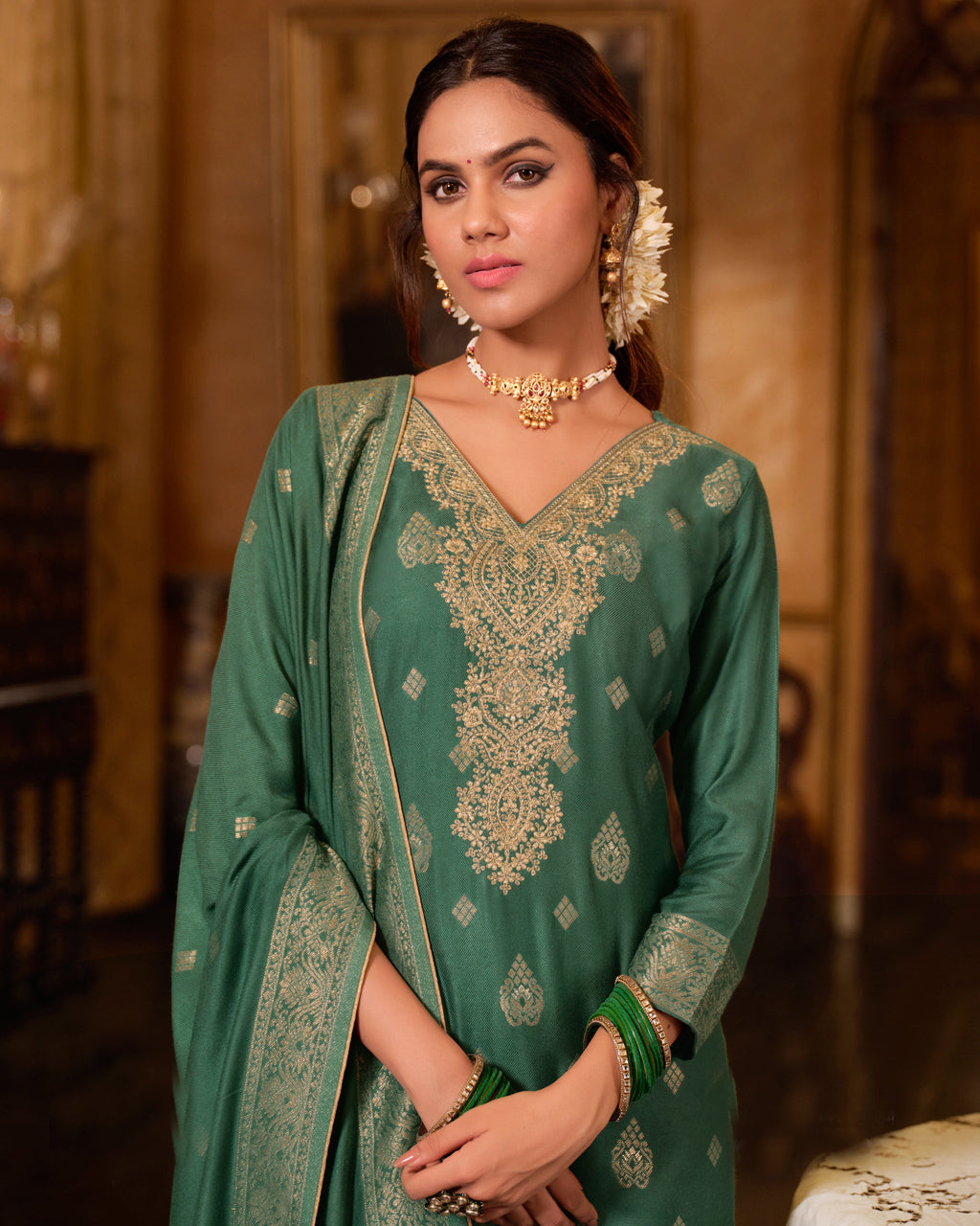 Emerald Green Viscose Woolen Pashmina with Embroidery Work Regal Collection