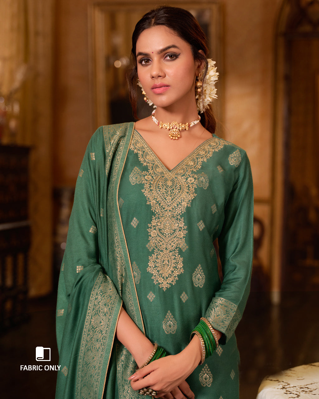 Earhart Emerald Green Viscose Woolen Pashmina With Heavy Embroidery Work Unstitched Dress Material