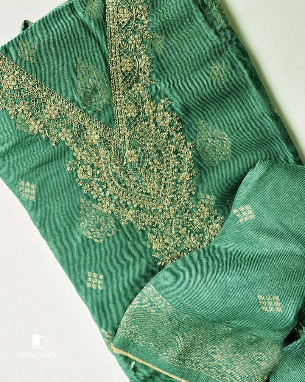Earhart Emerald Green Viscose Woolen Pashmina With Heavy Embroidery Work Unstitched Dress Material