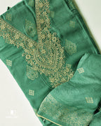 Earhart Emerald Green Viscose Woolen Pashmina With Heavy Embroidery Work Unstitched Dress Material