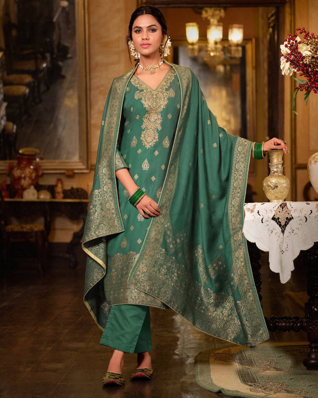 Earhart Emerald Green Viscose Woolen Pashmina with Heavy Embroidery Work Regal Heritage Collection