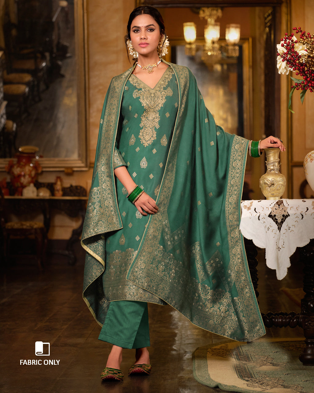 Earhart Emerald Green Viscose Woolen Pashmina With Heavy Embroidery Work Unstitched Dress Material