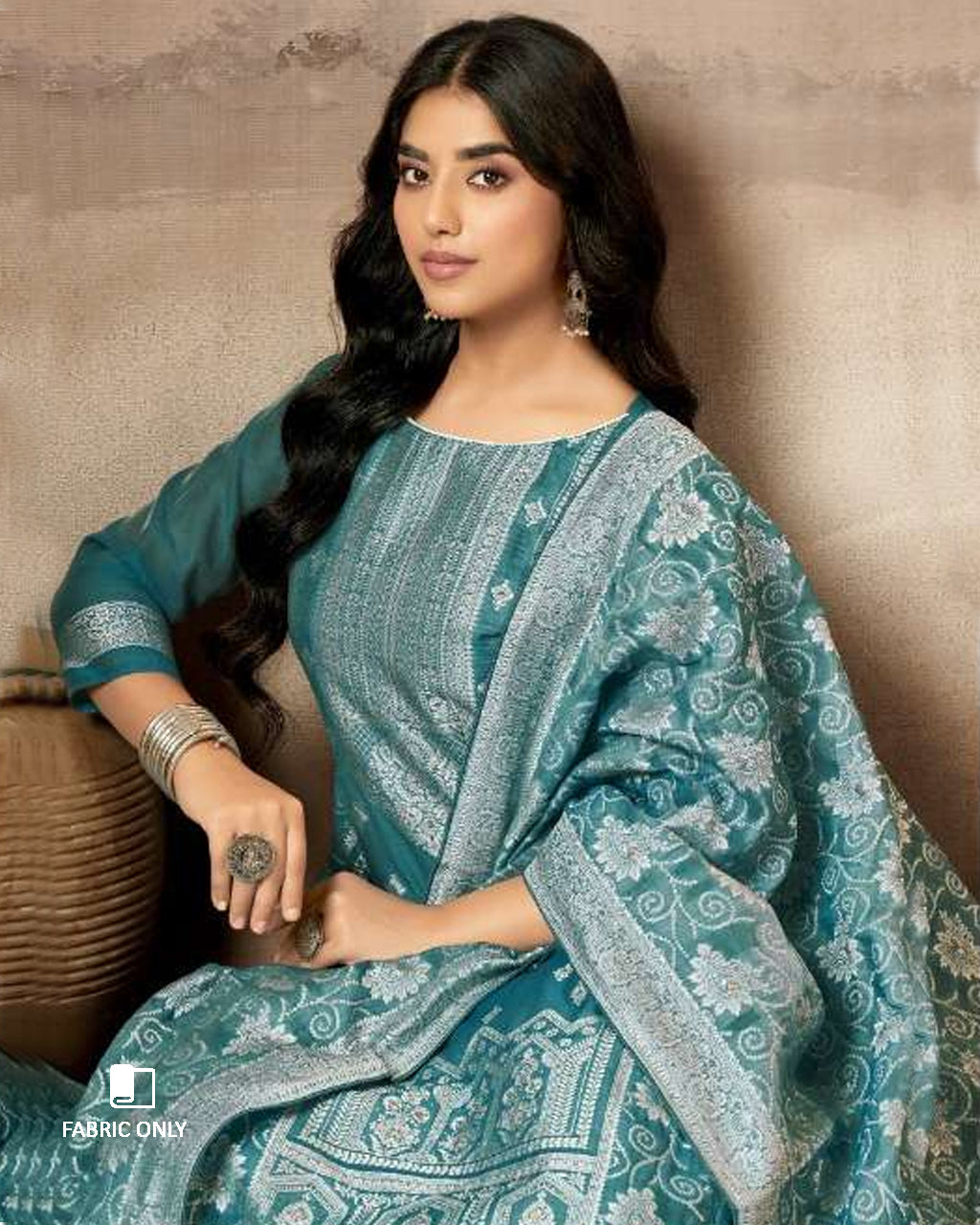 Nero’s Greenish Blue Cotton Jaquard with Swarovski Detail Unstitched Dress Material