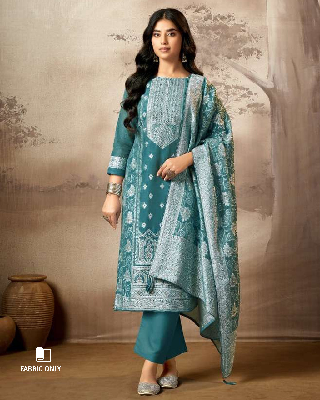 Nero’s Greenish Blue Cotton Jaquard with Swarovski Detail Unstitched Dress Material