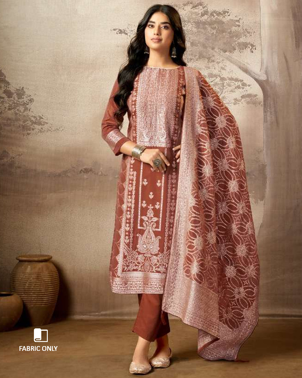 Apple Blossom Orangy Red Cotton Jaquard with Swarovski Detail Unstitched Dress Material