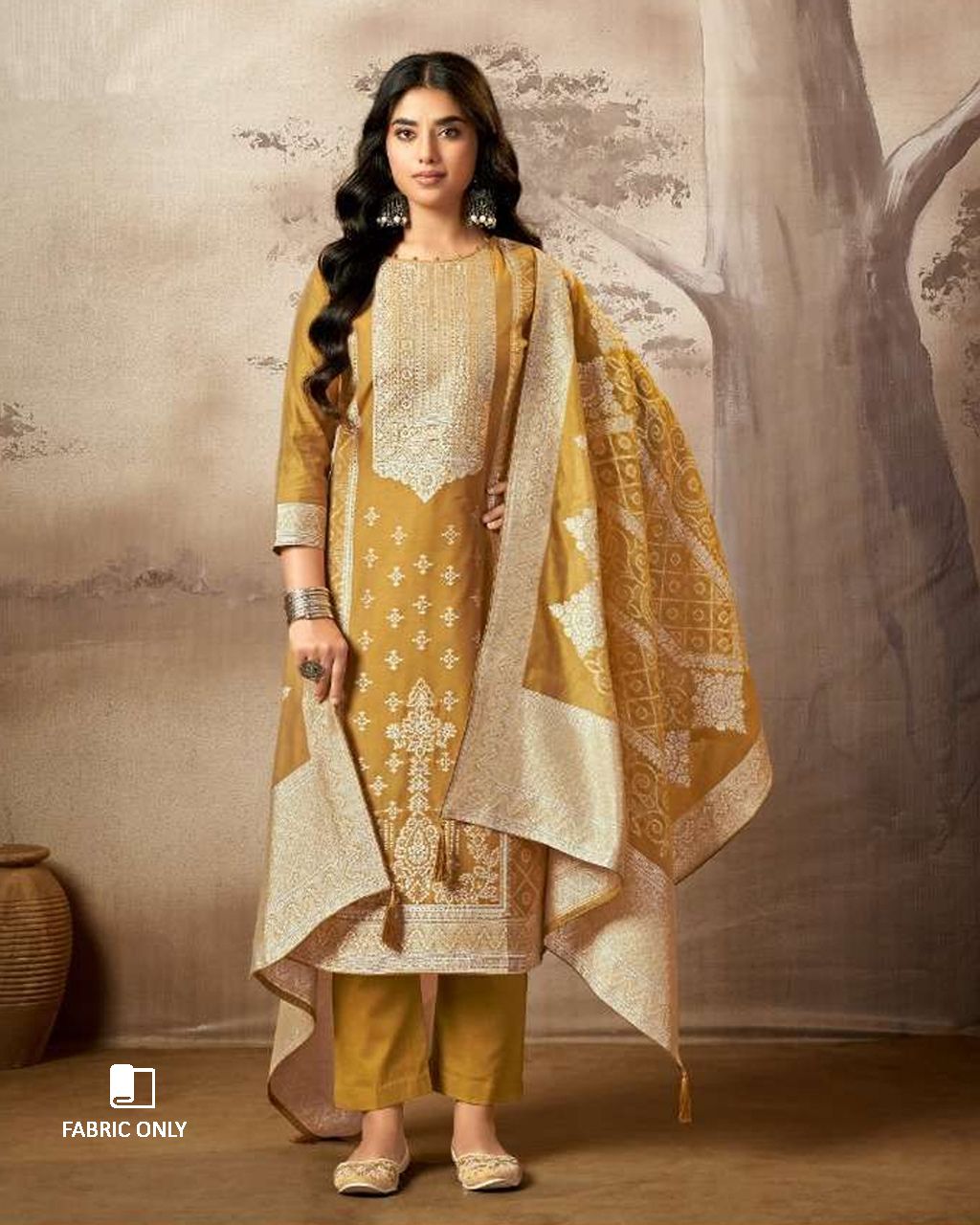 Driftwood Yellowish Orange Cotton Jaquard with Swarovski Detail Unstitched Dress Material