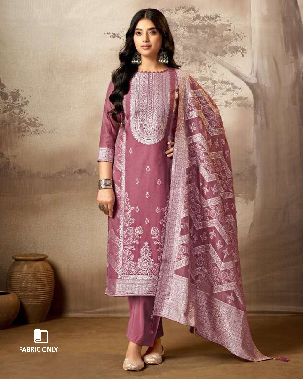 Dusky Rose Cotton Jaquard with Swarovski Detail Unstitched Dress Material