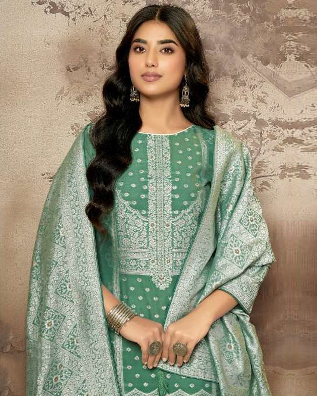 Green-Cyan Spring Rain Cotton Jacquard Swarovski Crafted Aura