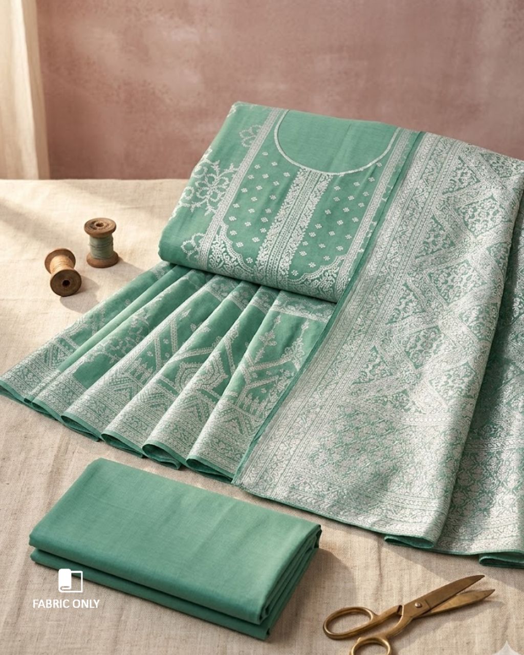 Green-Cyan Spring Rain Cotton Jacquard Swarovski Crafted Aura