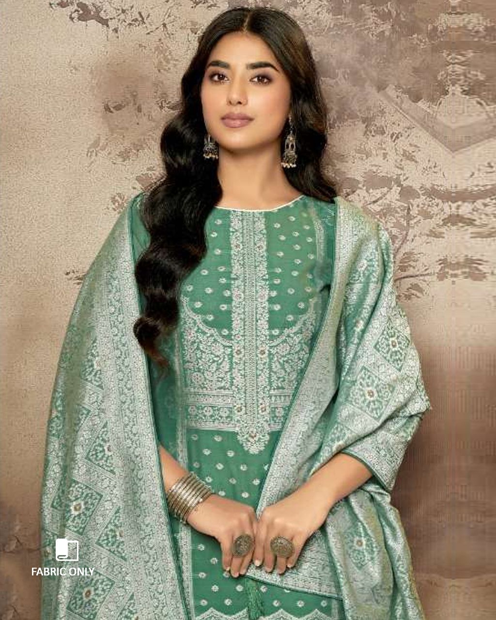 Green-Cyan Spring Rain Cotton Jaquard with Swarovski Detail Unstitched Dress Material