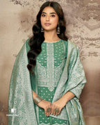 Green-Cyan Spring Rain Cotton Jaquard with Swarovski Detail Unstitched Dress Material