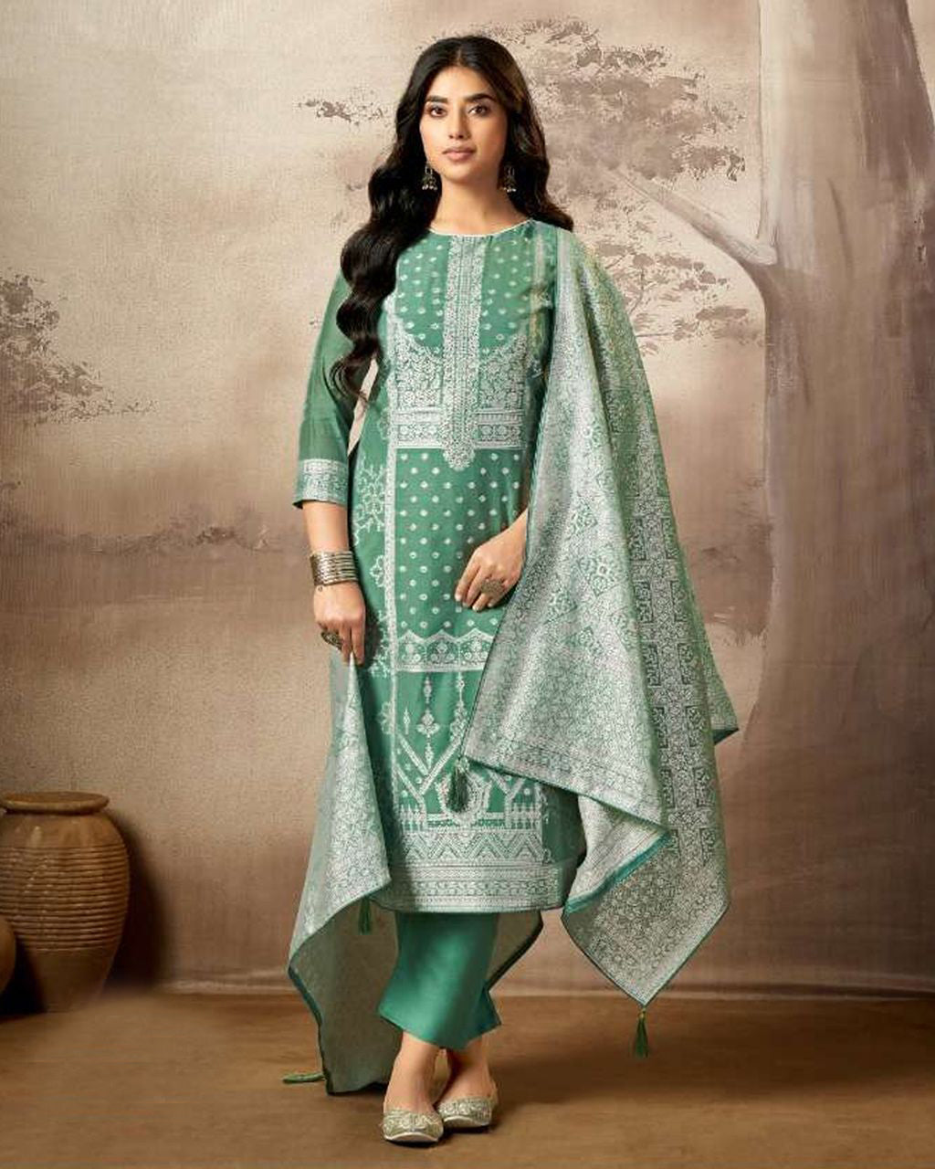 Green-Cyan Spring Rain Cotton Jacquard Swarovski Crafted Aura