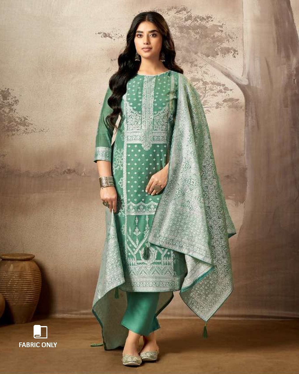 Green-Cyan Spring Rain Cotton Jaquard with Swarovski Detail Unstitched Dress Material