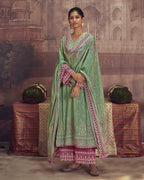Beech Fern Green Muslin Digital Print with Artisan Dori Embroidery Detailing