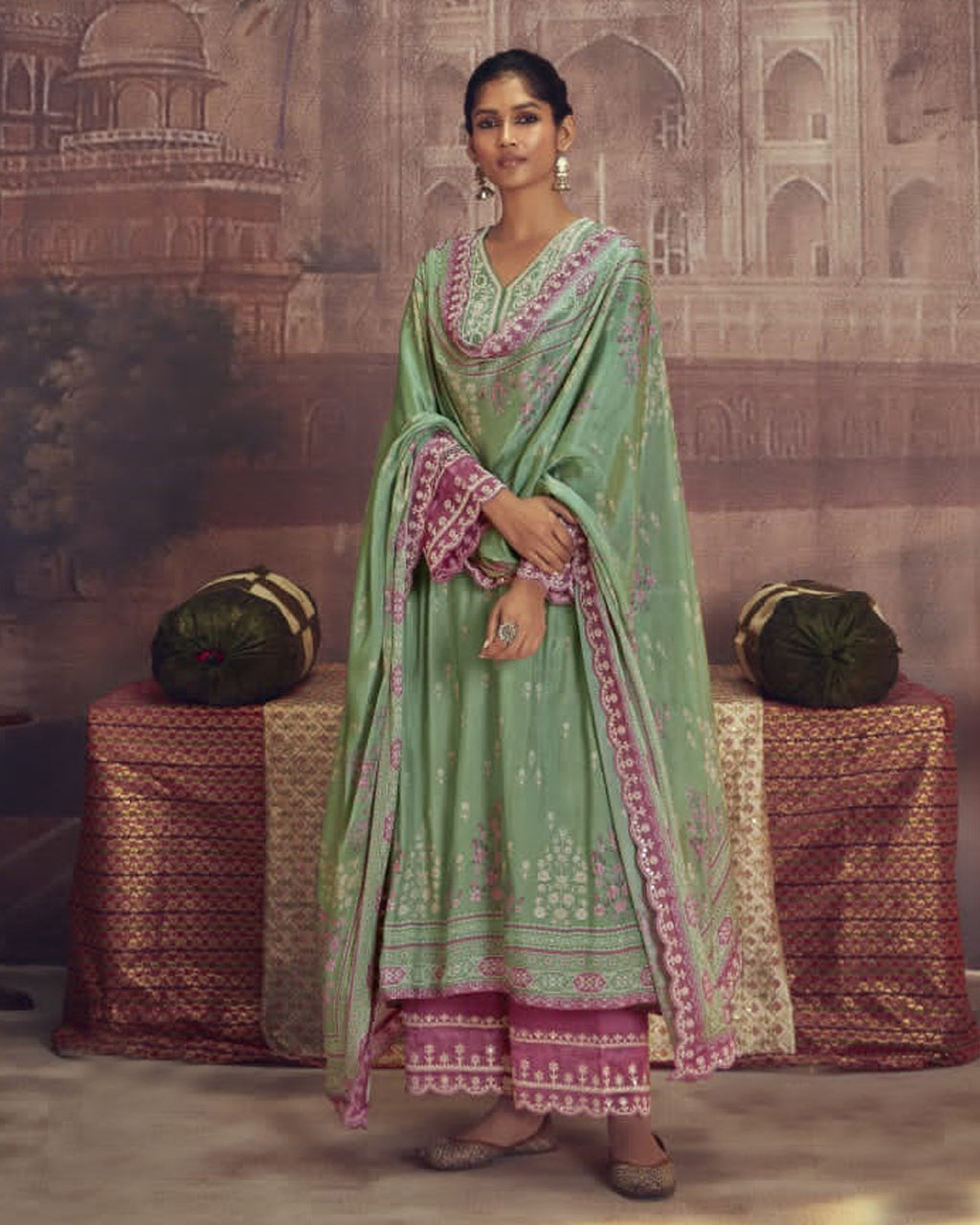 Beech Fern Green Muslin Digital Print with Artisan Dori Embroidery Detailing