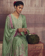 Beech Fern Green Muslin Digital Print with Artisan Dori Embroidery Detailing
