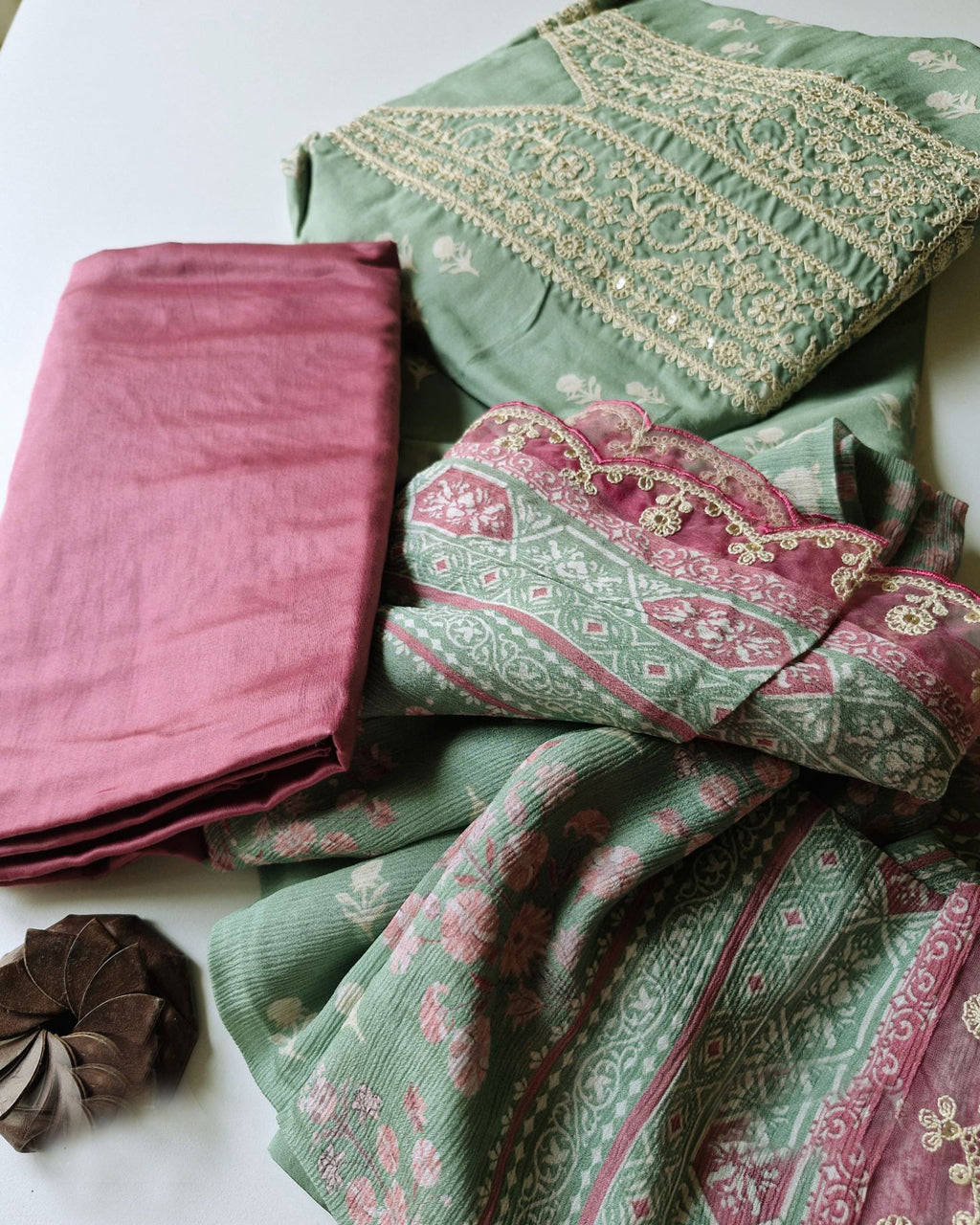 Beech Fern Green Muslin Digital Print with Artisan Dori Embroidery Detailing