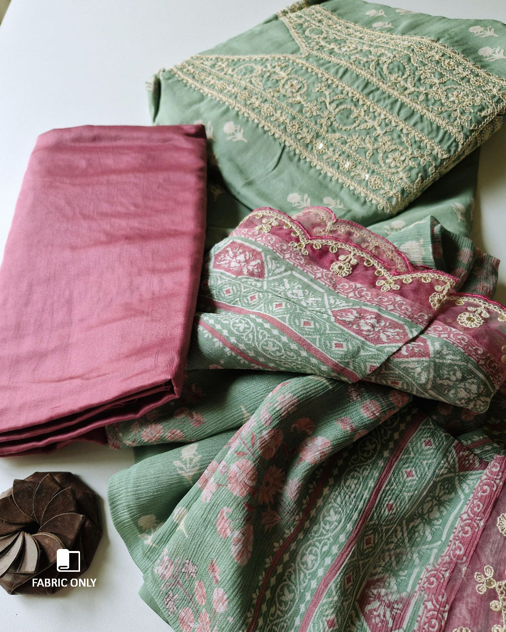 Beech Fern Green Muslin Digital Print With Dori Embroidery Work Unstitched Dress Material