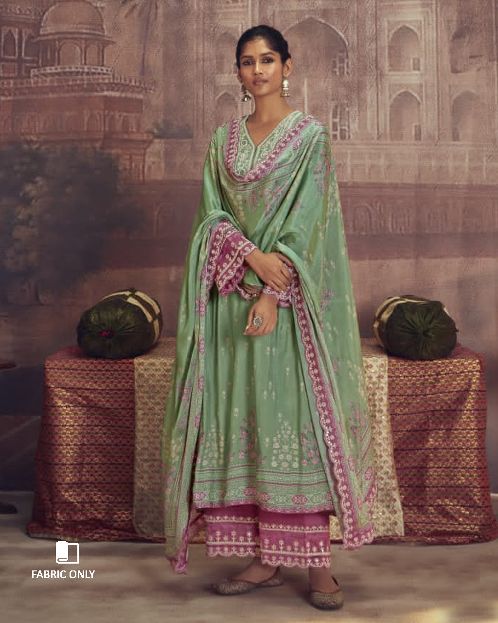 Beech Fern Green Muslin Digital Print With Dori Embroidery Work Unstitched Dress Material
