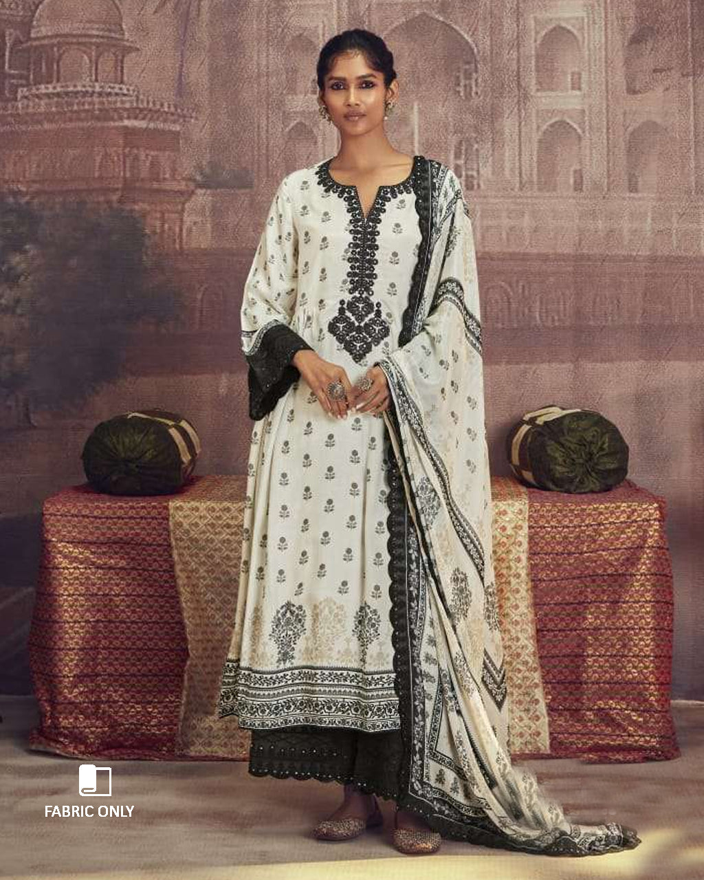 Moon Mist White Muslin Digital Print With Dori Embroidery Work Unstitched Dress Material