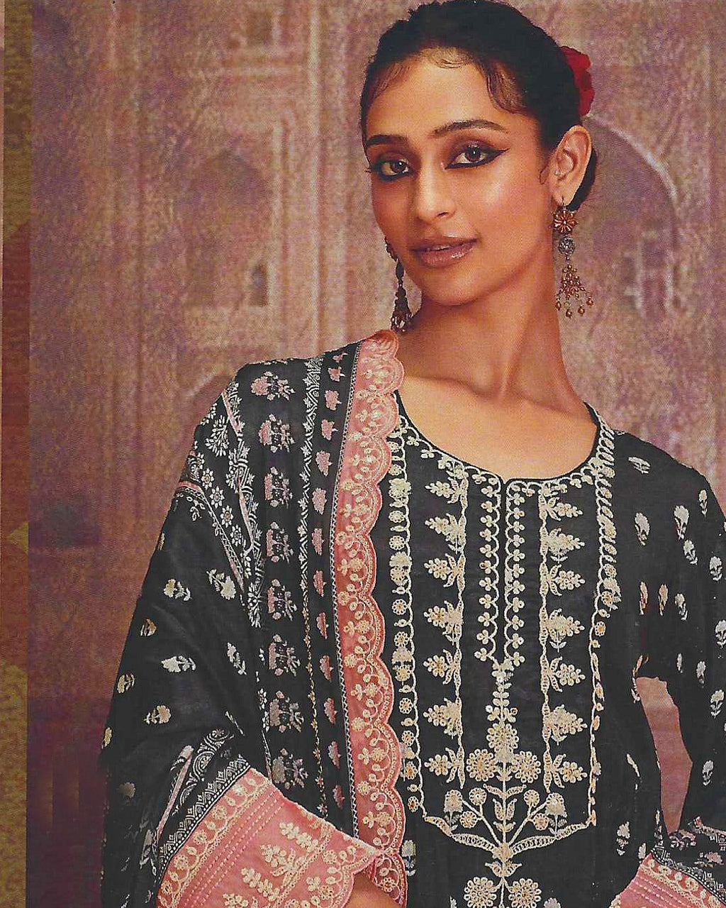 Dark Tone Ink Black Muslin Digital Print With Dori Embroidery Work Floral Symphony