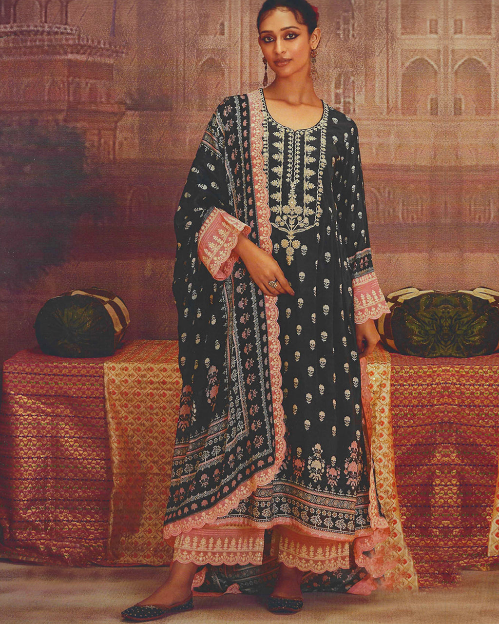 Dark Tone Ink Black Muslin Digital Print With Dori Embroidery Work Floral Symphony