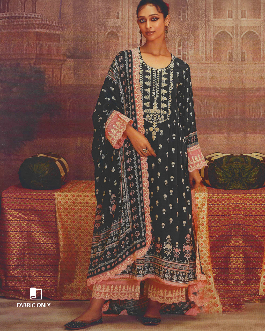Dark Tone Ink Black Muslin Digital Print With Dori Embroidery Work Unstitched Dress Material