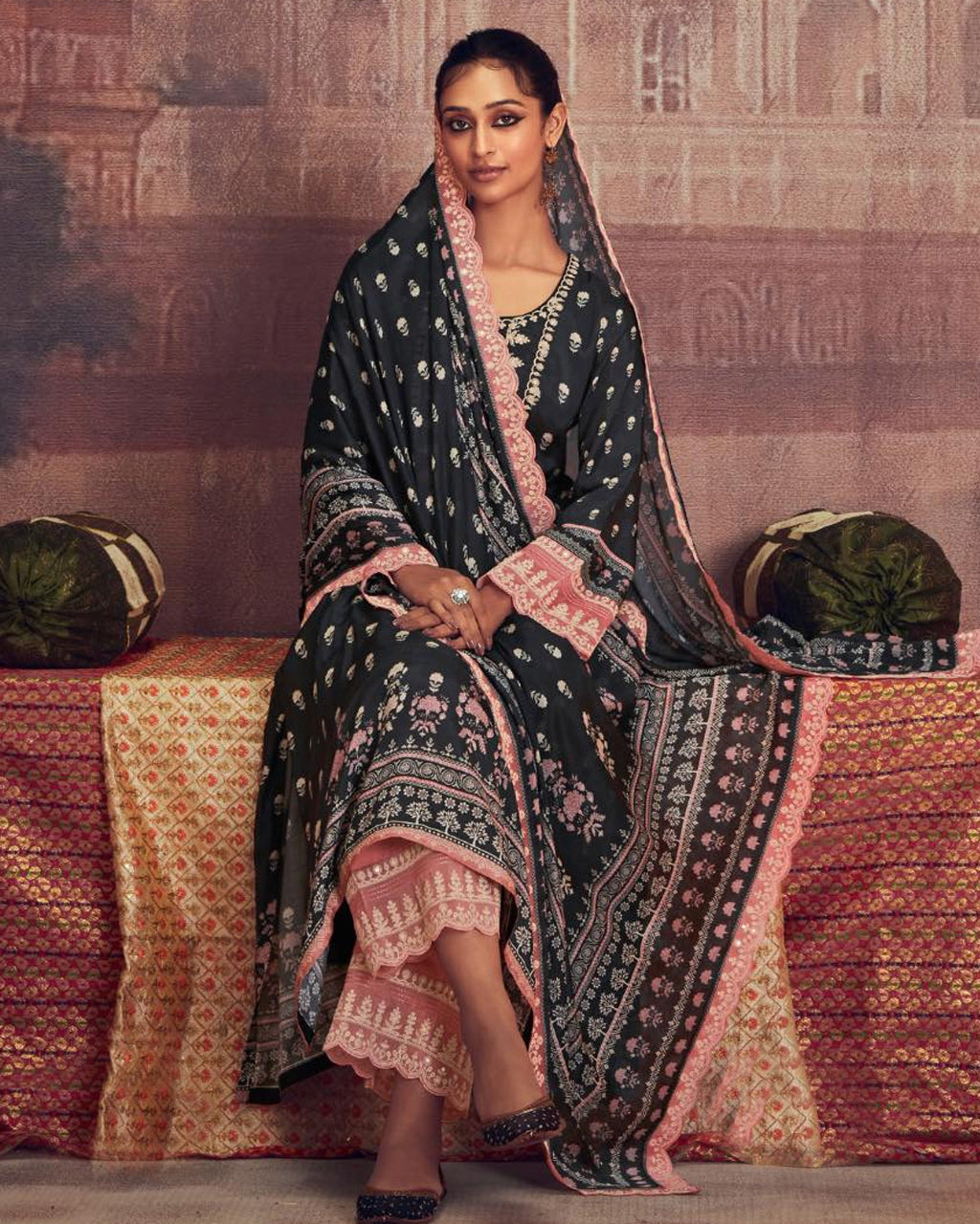 Dark Tone Ink Black Muslin Digital Print With Dori Embroidery Work Floral Symphony