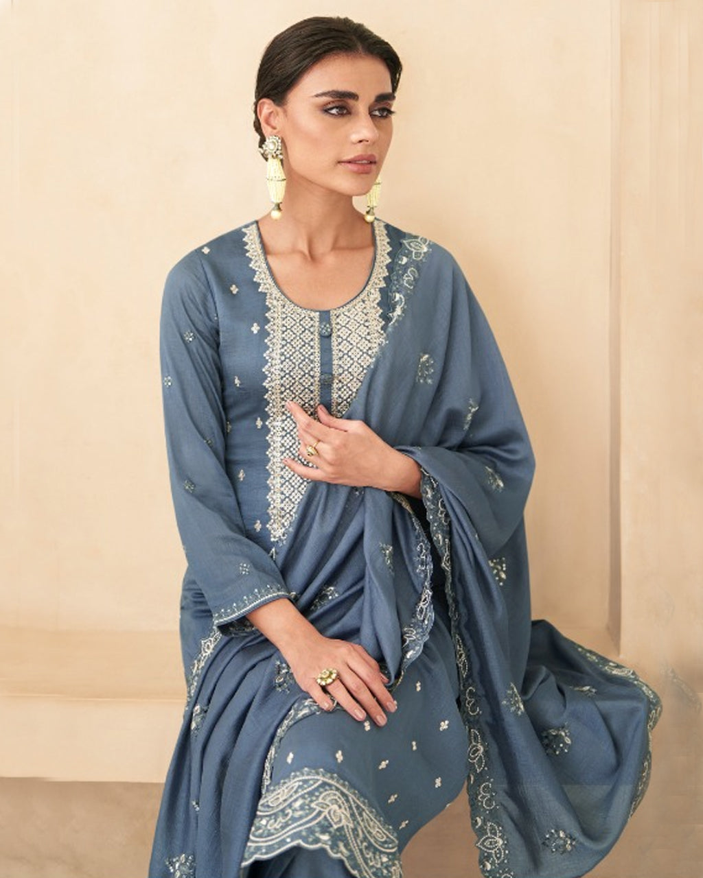 Salon Blue Grey Premium Silk Unstitched Salwar Material