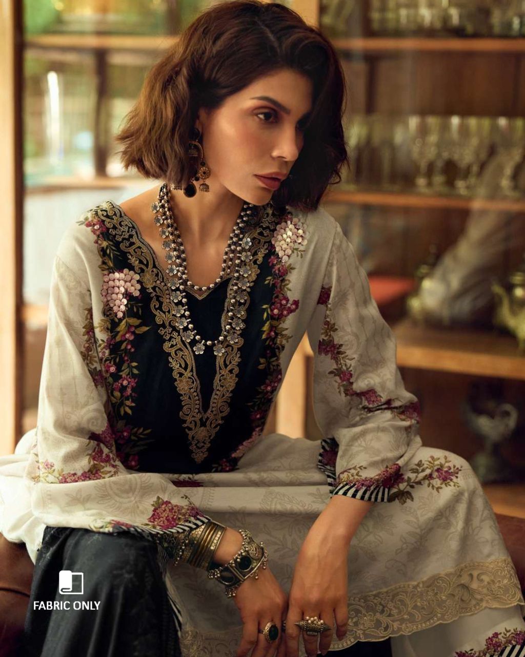 Crystal Cut White Viscose Muslin Digital Printed With Thread Handwork
