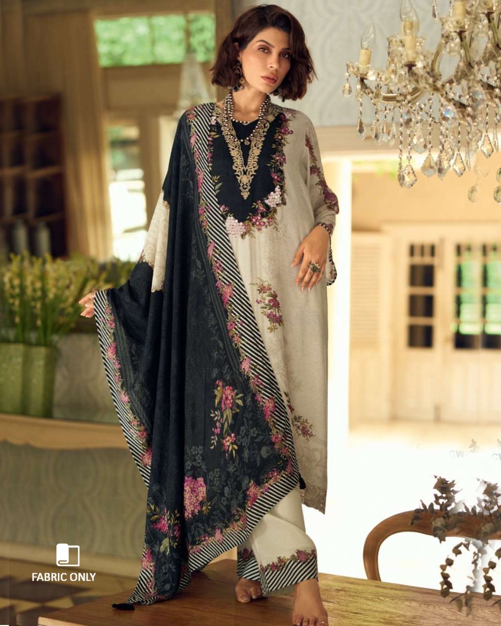 Crystal Cut White Viscose Muslin Digital Printed With Thread Handwork