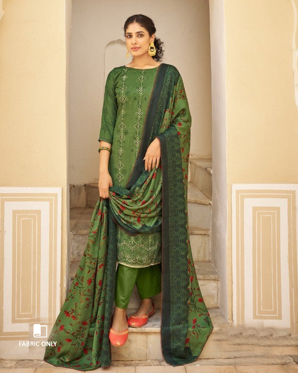 Military Green Pashmina Designer Print Unstitched Dress Material
